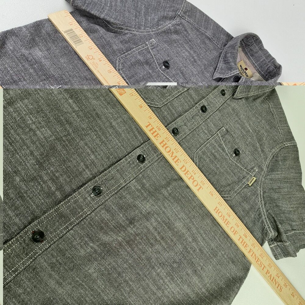 Woolrich Mens M Gray Chambray Work Shirt Short Sleeve Dual Pocket 100% Cotton - Picture 4 of 9